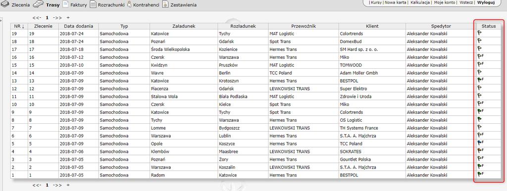 36 HERMES GT INSTRUKCJA DO PROGRAMU Fracht Faktura Flaga Fracht, wartość trasy Faktura powiązana z trasą Status realizacji trasy Tabela 7 Kolumny możliwe do wyświetlenia na liście tras Status / flagi