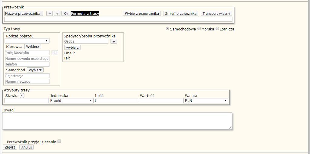 39 HERMES GT INSTRUKCJA DO PROGRAMU Rysunek 36 Formularz wprowadzania trasy PRZEWOŹNIK Rysunek 37 Sekcja Przewoźnik w formularzu nowej trasy Sekcja Przewoźnik pozwala na wprowadzenie danych