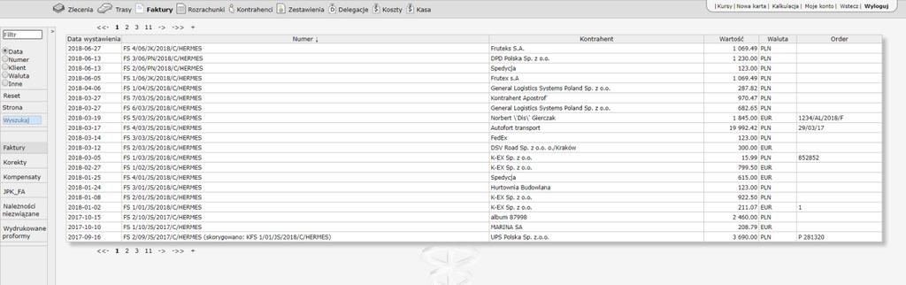 48 HERMES GT INSTRUKCJA DO PROGRAMU FAKTURY Faktury to kolejny moduł podstawowy, dostępny z menu głównego. Po kliknięciu w element Faktury, domyślnie otwiera się lista faktur w formie tabeli.