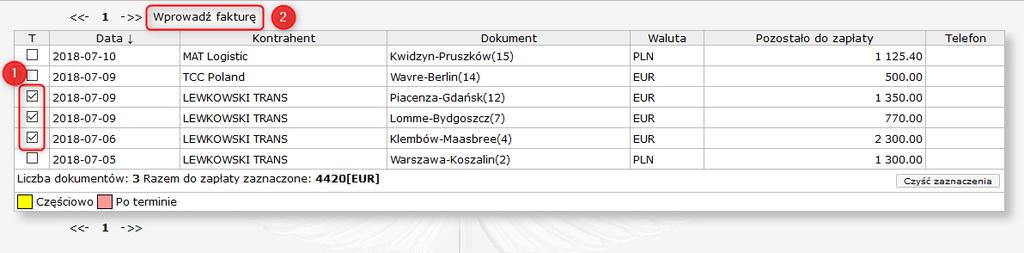 64 HERMES GT INSTRUKCJA DO PROGRAMU Moduł prezentuje listę kontrahentów, którzy zalegają z opłatami.