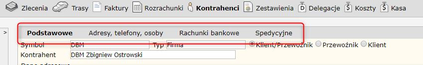 Pełny formularz dodawania nowego kontrahenta, podzielony jest na