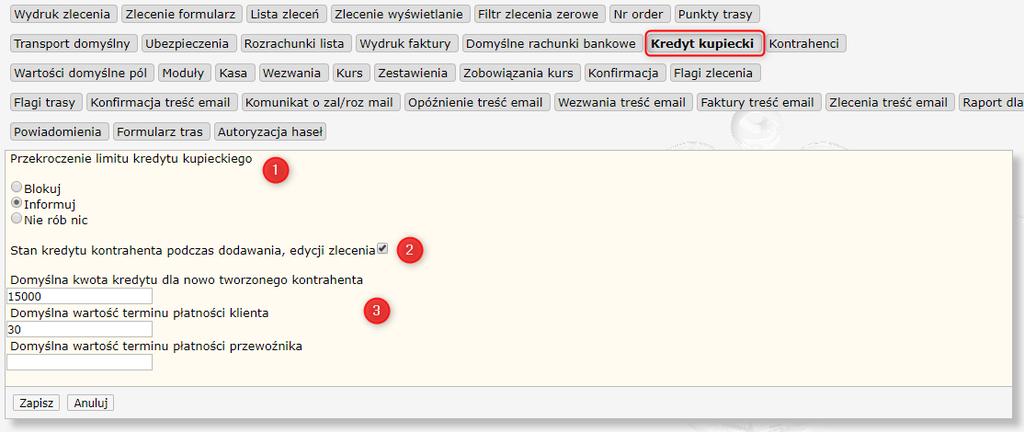 75 HERMES GT INSTRUKCJA DO PROGRAMU KREDYT KUPIECKI Rysunek 81 Ustawienia administracyjne Parametry Kredyt kupiecki Opcja 1: Możliwość określenia, jak system ma reagować w przypadku przekroczenia