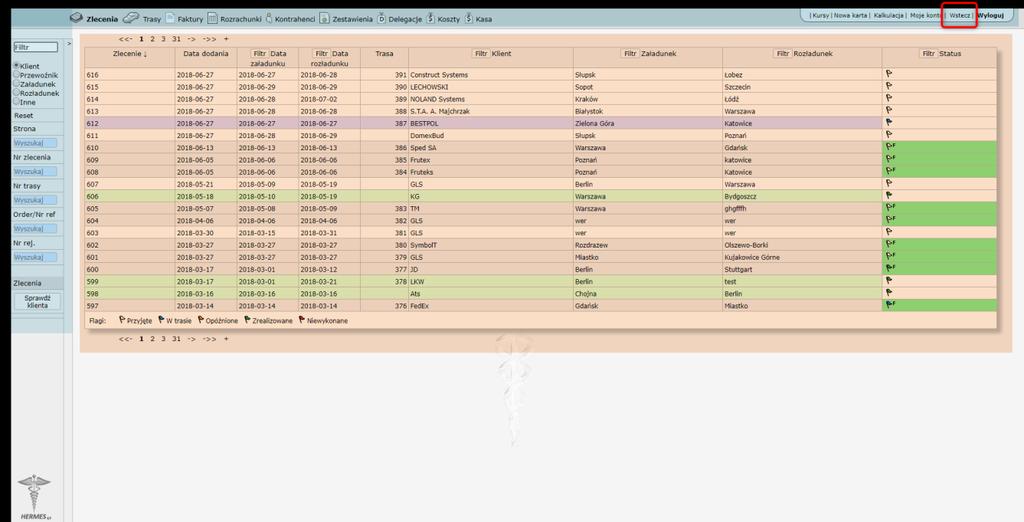 7 HERMES GT INSTRUKCJA DO PROGRAMU INTERFEJS APLIKACJI Rysunek 2 Interfejs programu. Kolor pomarańczowy - zawartość główna, kolor niebieski - sekcje nawigacyjne.