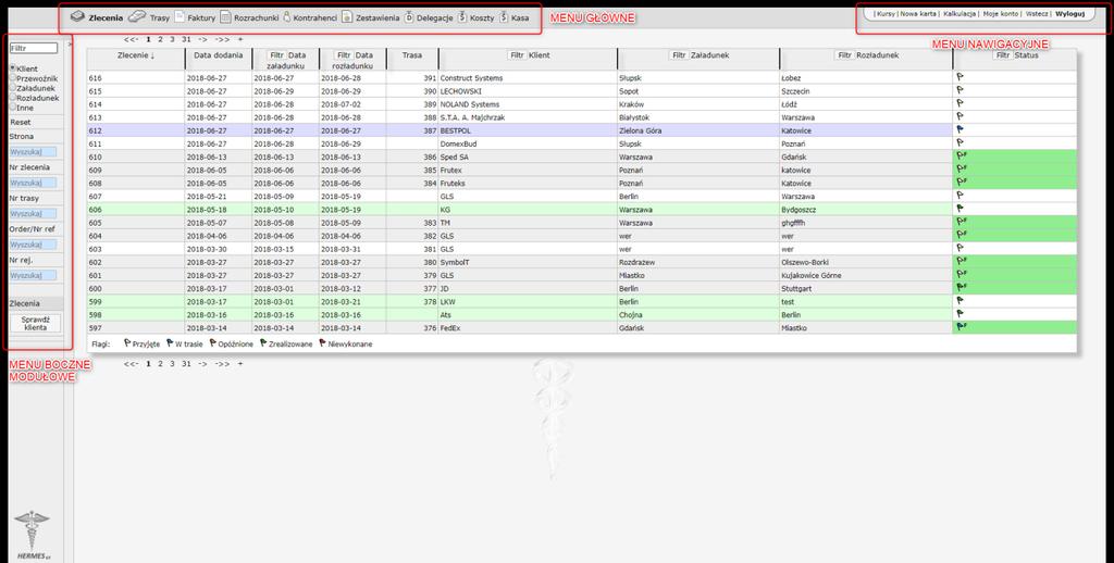 8 HERMES GT INSTRUKCJA DO PROGRAMU Menu Rysunek 3 Główny ekran aplikacji z wyszczególnieniem trzech pozycji menu.