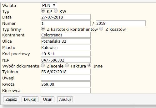 Rysunek 95 Dodanie nowej pozycji kasy z modułu rozrachunków Obie opcje otworzą formularz