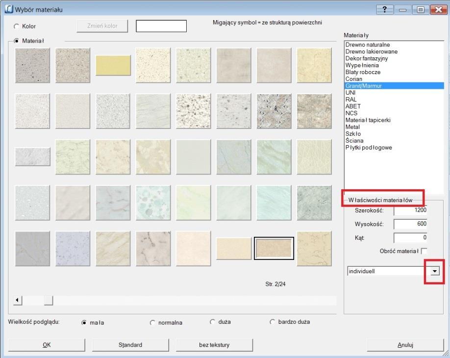 Podłoga Zmień materiał/podgląd - W oknie dialogowym Wybór materiału, w obszarze Właściwości materiału, oprócz