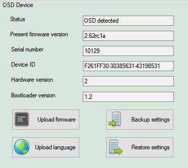 Opcja Firmware Po podłączeniu OSD do PC oraz wybraniu urządzenia OSD w opcji Firmware zaprezentowane zostaną informacje o urządzeniu: Status - stan połączenia między OSD i PC Present firmware version