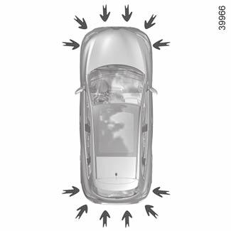 POMOC PRZY PARKOWANIU (1/5) Zasada działania Czujniki ultradźwiękowe zamontowane w zderzaku pojazdu mierzą odległość między pojazdem i przeszkodą.