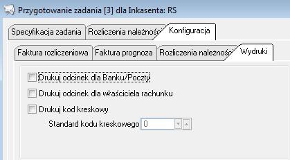 W zakładce Wydruki możemy określić, które odcinki w przypadku drukowania faktury płatnej przelewem mają być drukowane (odcinek dla banku/poczty, odcinek dla właściciela rachunku) a także czy ma być