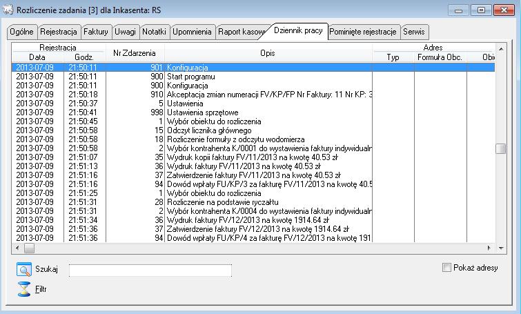 Status informuje nas czy zapłata dotyczy bieżącej faktury (F) czy zaległości. Zakładka DZIENNIK PRACY.