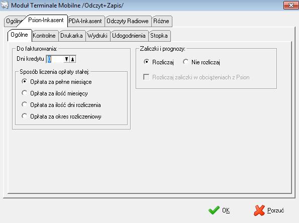 Zakładka Psion-Inkasent zawiera konfigurację dotyczącą terminala Psion.