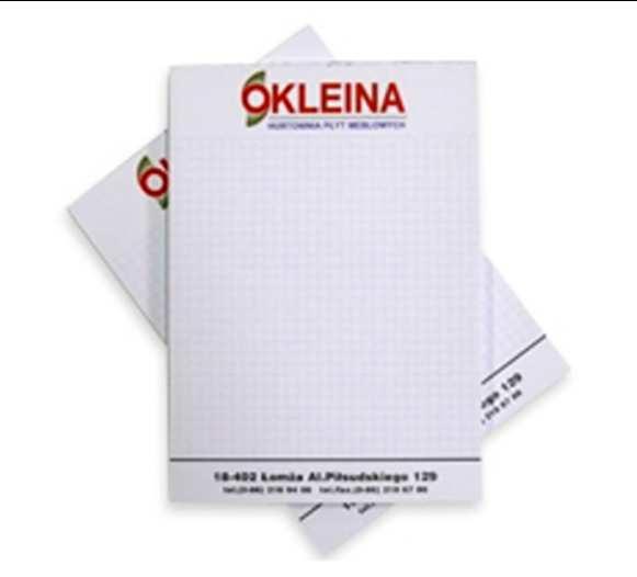 6. Notes Notes (bloczek biurowy). Oprawa miękka. Ostatnia kartka od spodu-sztywniejsza. Wszystkie arkusze papieru z nadrukiem reklamowym. Materiał: papier offsetowy 80 g. Wielkość: format A-4.