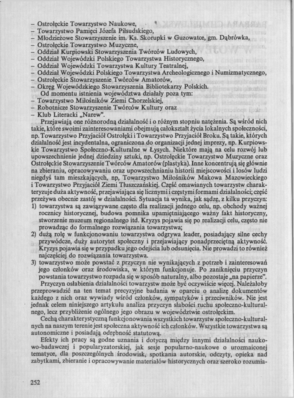 - Ostrołęckie Towarzystwo Naukowe, " - Towarzystwo Pamięci Józefa Piłsudskiego, - Młodzieżowe Stowarzyszenie im. Ks. Skorupki w Guzowatce, gm.
