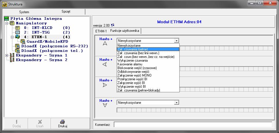 12 ETHM-1 Plus SATEL Parametry i opcje wirtualnego manipulatora dostępnego w programie DLOADX można zaprogramować przy pomocy: manipulatora: TRYB SERWISOWY STRUKTURA SPRZĘT MANIPULATORY USTAWIENIA