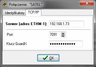 22 ETHM-1 Plus SATEL klucz kodowania danych (KLUCZ GUARDX/JAVA). Rys. 12. Program GUARDX: parametry komunikacji przez sieć Ethernet. 7.1.3 Inicjowanie połączenia z programu GUARDX 1.