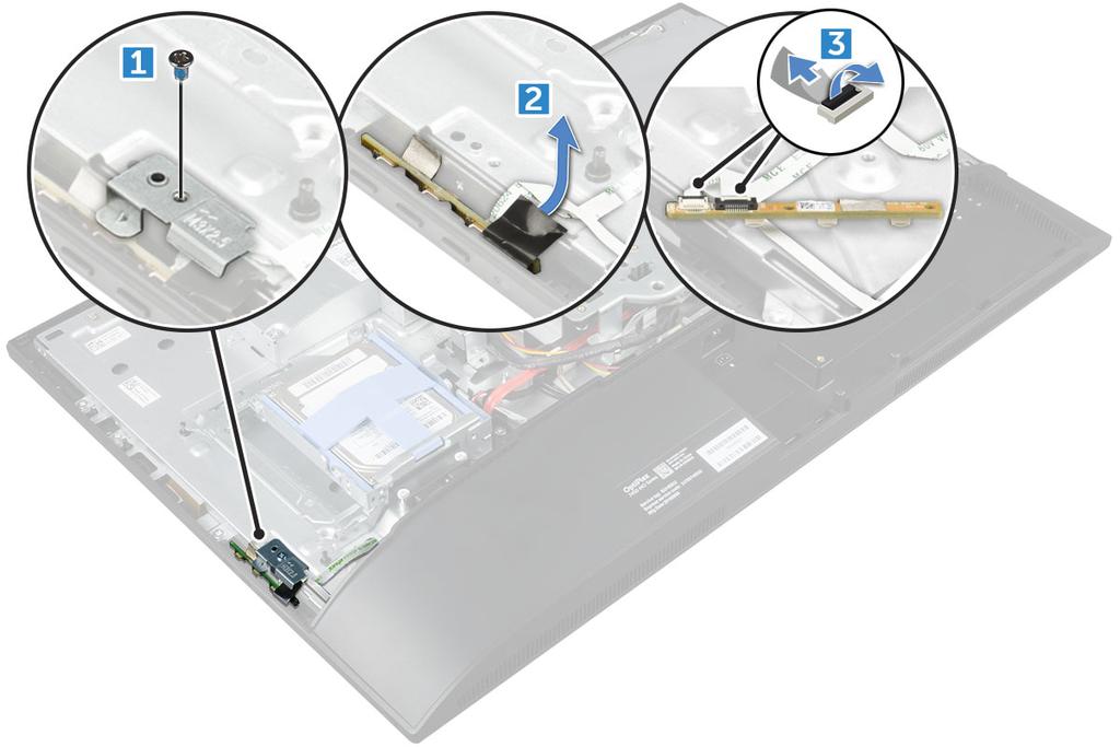 Instalowanie płyty przycisków zasilania i OSD 1 Podłącz kabel do płyty przycisków zasilania i OSD. 2 Przymocuj płytę przycisków OSD taśmą. 3 Umieść płytę przycisków zasilania i OSD w gnieździe.