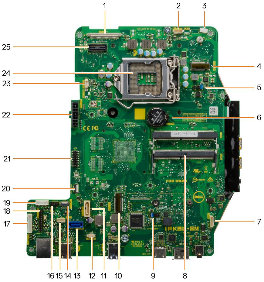 Elementy płyty systemowej 1 złącze LVDS 2 Złącze kamery 3 Zacisk kabla antenowego 4 gniazdo karty sieci WLAN 5 Złącze zwornika 6 Bateria pastylkowa 7 złącze głośnika 8 Złącze modułu pamięci 9 Złącze
