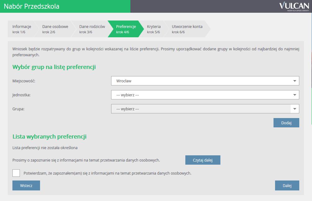 Rejestracja kandydata przez rodzica/ opiekuna prawnego Aby dodać kolejne pozycje do listy, należy skorzystać z listy wyboru znajdującej się