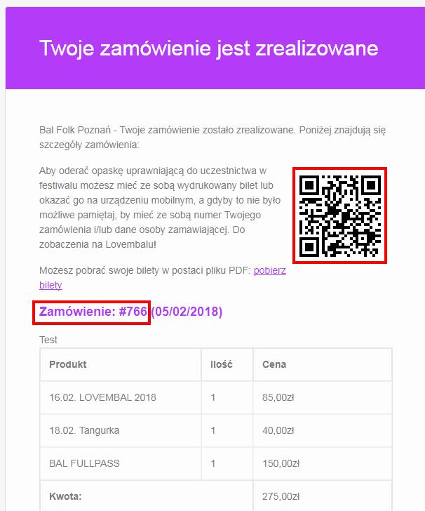 BILETY CHECK-IN Po zakupie biletu automatycznie generowana była wiadomość zawierająca potwierdzenie zamówienia z jego kodem QR oraz linkiem do biletu/biletów.