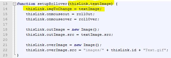 Podmienianie obrazka z różnych łączy Funkcja setuprollover() otrzymuje w parametrach obiekt aktualnego łącza (thislink) oraz obiekt obrazka, który tutaj nazywany jest textimage.