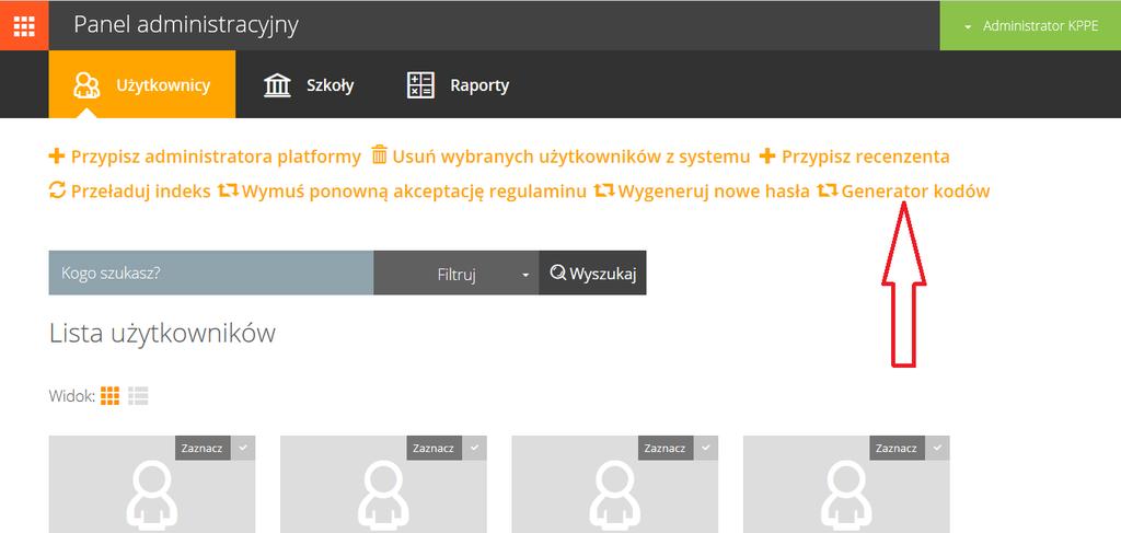 3.7. Generowanie kodów Aby wygenerować kody dla użytkowników (potrzebne przy rejestracji), należy: przejść do zakładki Użytkownicy, kliknąć przycisk Generator kodów, Pojawi się strona z listą