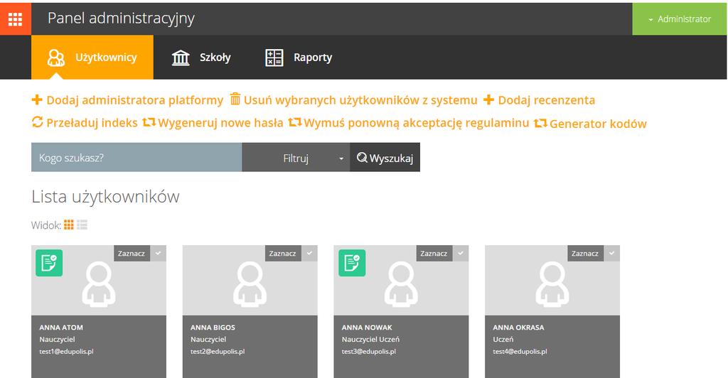 3. Użytkownicy Po przejściu do zakładki Użytkownicy wyświetlona zostanie lista istniejących użytkowników KujawskoPomorskiej Platformy Edukacyjnej.