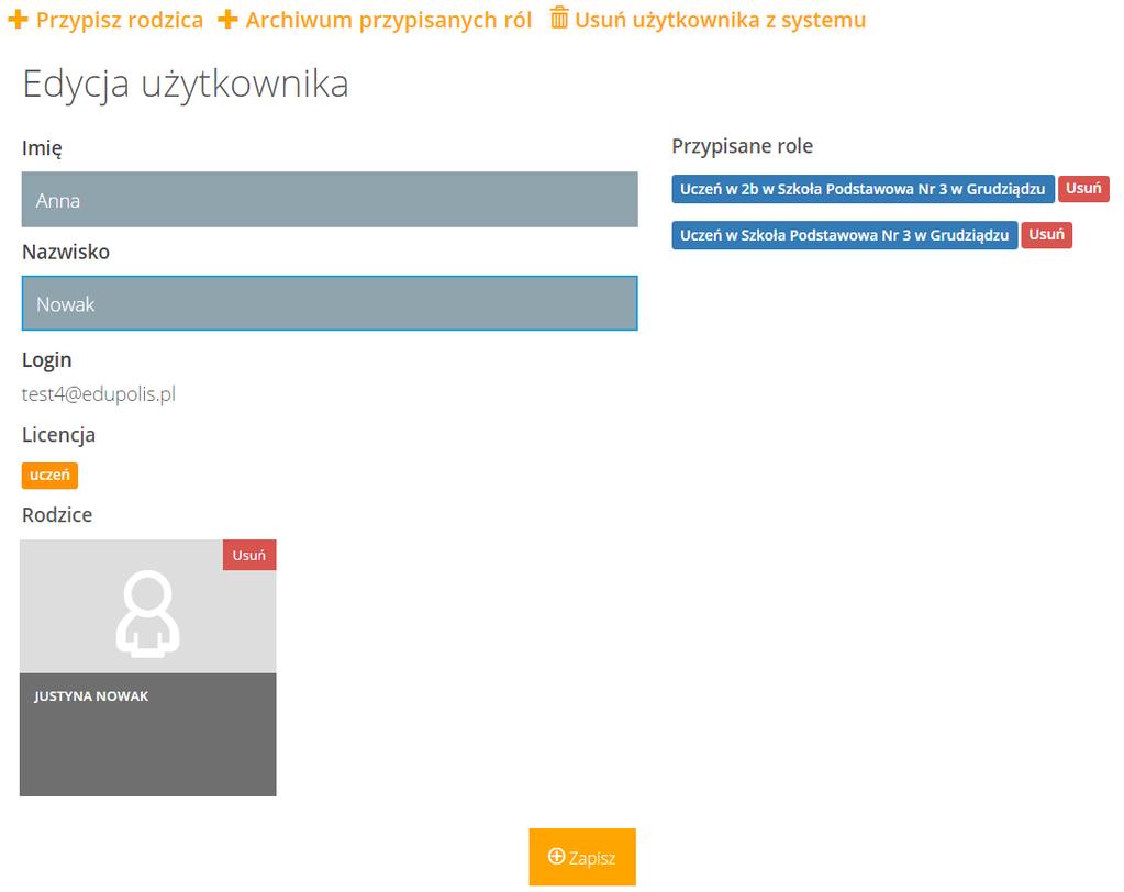 3.3. Edytowanie użytkowników Po przejściu do formularza edycji użytkownika możliwa jest edycja danych użytkownika, wyświetlenie historii przypisanych użytkownikowi ról oraz usunięcie użytkownika z