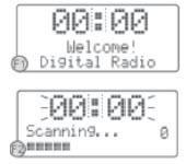 - włączanie radia po raz pierwszy - Radio automatycznie włączy się w trybie DAB i uruchomi funkcję automatycznego skanowania - Podczas automatycznego skanowania na wyświetlaczu pojawi się komunikat