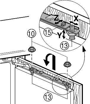 Dolna krawędź oporowa pomocy montażowej = górna krawędź montowanych drzwi meblowych. u Odkręcić poziomą listwę mocującą Fig. 14 (11), odkręcając nakrętki zabezpieczające Fig. 14 (10). Fig. 15 u Zaczepić poziomą listwę mocującą Fig.