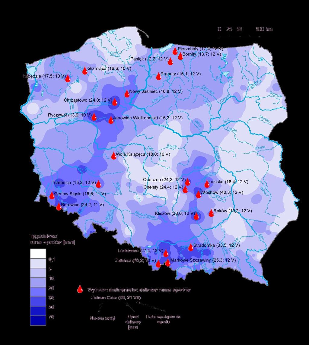 3. Rozkład tygodniowej sumy opadów oraz wybrane