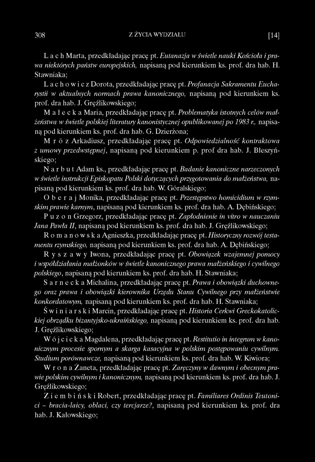 M a ł e c k a Maria, przedkładając pracę pt. Problematyka istotnych celów małżeństwa w świetle polskiej literatury kanonistycznej opublikowanej po 1983 r., napisaną pod kierunkiem ks. prof. dra hab.