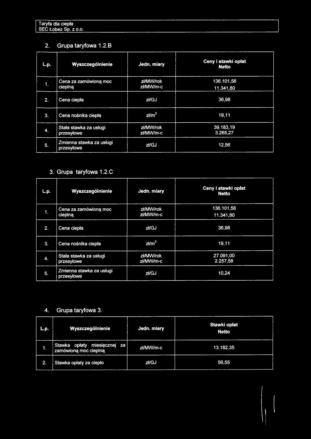 Zmienna stawka za usługi przesyłowe zł/gj 12,56 3. Grupa taryfowa 1.2.C L.p. W yszczególnienie Jedn. m iary Ceny i sta w ki o p ła t N etto 1. Cena za zamówioną moc zł/mw /rok 136.