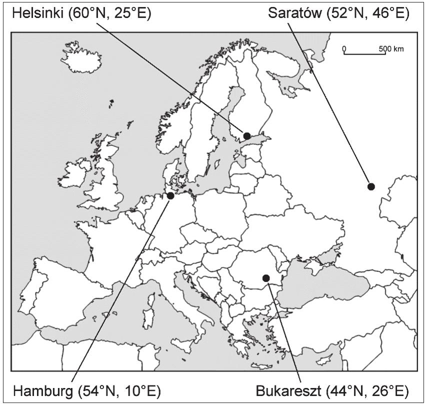 Materiał źródłowy do zadań 6 7. Na mapie politycznej Europy zaznaczono wybrane miasta. Obok nazw miast podano ich współrzędne geograficzne. Zadanie 6.