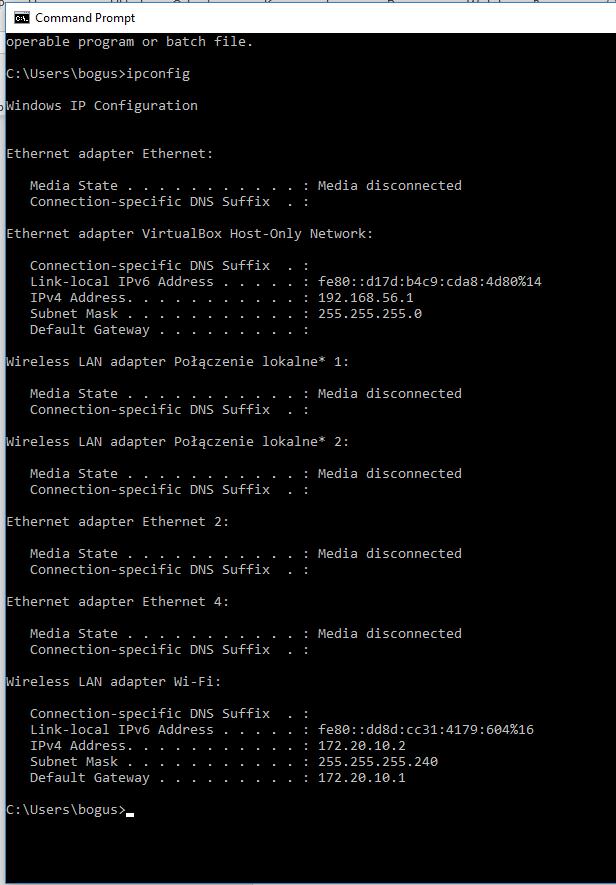 1. Sprawdzić konfigurację sieciową komputera na którym aktualnie jesteś zalogowany (polecenie ipconfig w konsoli lub poprzez wykorzystanie GUI) oraz konfigurację serwera zajęciowego