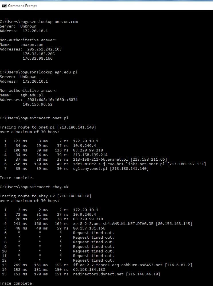 7. Zapoznać się z poleceniem tracert. Wykonać badanie serwerów wybranych w punkcie 4.