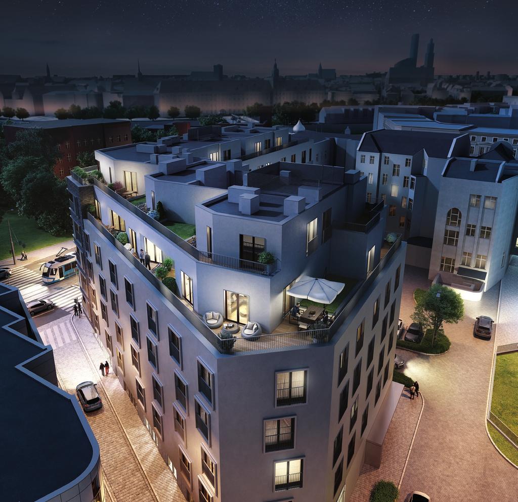 Mieszkaj bliżej gwiazd Ukoronowaniem budynku jest osiem dwupoziomowych apartamentów z tarasami.