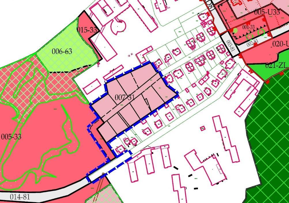 [nr 0815] 21 - zabudowa mieszkaniowa ekstensywna: domy wolno stojące jedno- lub dwumieszkaniowe na jednej działce 33 - usługi 34 - usługi z zielenią towarzyszącą [usługi 33 i co najmniej 70% pow.