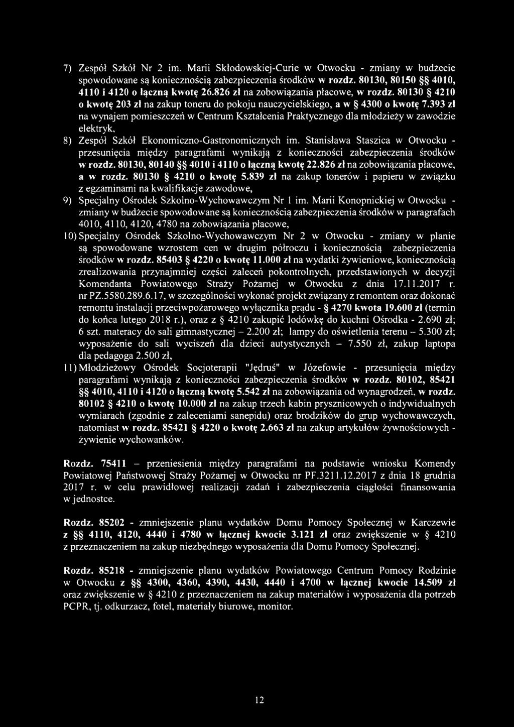 393 zł na wynajem pomieszczeń w Centrum Kształcenia Praktycznego dla młodzieży w zawodzie elektryk, 8) Zespół Szkół Ekonomiczno-Gastronomicznych im.