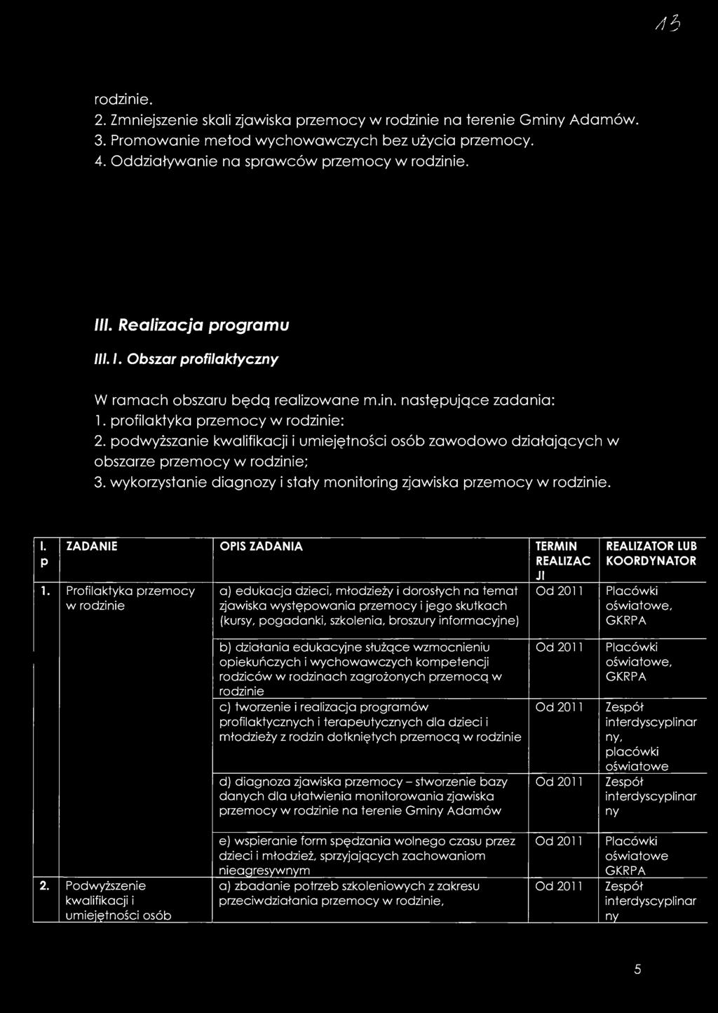 Ab rodzinie. 2. Zmniejszenie skali zjawiska przemocy w rodzinie na terenie Gminy Adamów. 3. Promowanie metod wychowawczych bez użycia przemocy. 4. Oddziaływanie na sprawców przemocy w rodzinie. III.