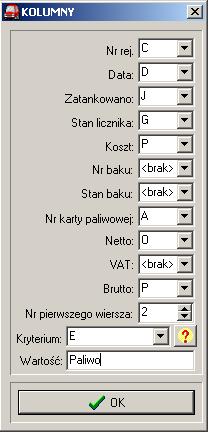 W przypadku, gdy w pliku nie ma któregoś ze składników, wybieramy <brak>. Numer pierwszego wiersza to wiersz, od którego zaczynają się dane zazwyczaj pierwszy wiersz to nagłówki.