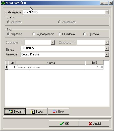 Podajemy kolejno: Datę wydania Typ: wydanie, wypożyczenie, likwidacja lub utylizacja Jeżeli jest to wypożyczenie aktywne stanie się pole do zwrotu, gdzie można podać przewidywane datę zwrotu.