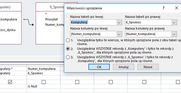 pomocniczej, a następnie dopisano warunek is Null dla pola z kwerendy pomocniczej. (Przykład 13.) Przykład 13. Zapis SQL SELECT Komputery.