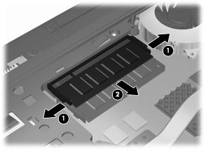 b. Chwyć moduł pamięci (2) za krawędź i delikatnie wyciągnij go z gniazda. W celu ochrony modułu pamięci po wyjęciu umieść go w opakowaniu zabezpieczonym elektrostatycznie. 10.