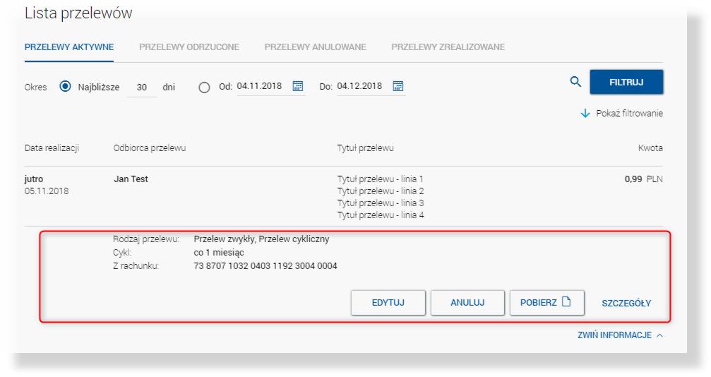 Rozdział 5. Przeglądanie przelewów Wybór typu przelewu (np. zwykły) otwiera okno wprowadzania przelewu o danym typie z rachunku obciążanego wskazanego w sekcji Nowy przelew.