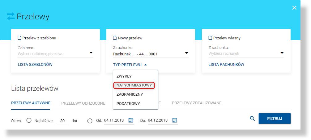 Rozdział 7. Przelewy 7.3. Zlecenie przelewu natychmiastowego Express Elixir Przelew natychmiastowy - przelew zwykły krajowy realizowany kanałem Express Elixir.