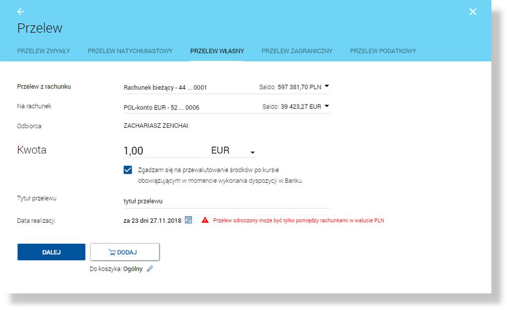 Rozdział 7. Przelewy W przypadku, gdy usługa cbp.koszyk ustawiona jest na wartość true użytkownik ma możliwość złożenia przelewu do koszyka przelewów. 7.6.
