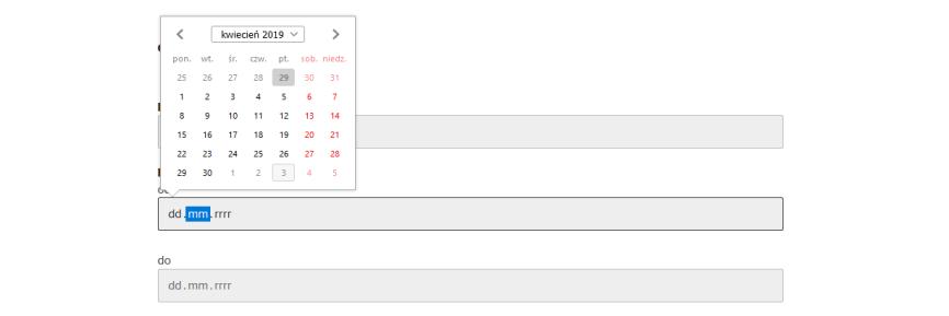 2. Aktywne pole tekstowe Pola daty W przypadku konieczności wprowadzenia daty należy wprowadzić ją wg formatu dd.mm.