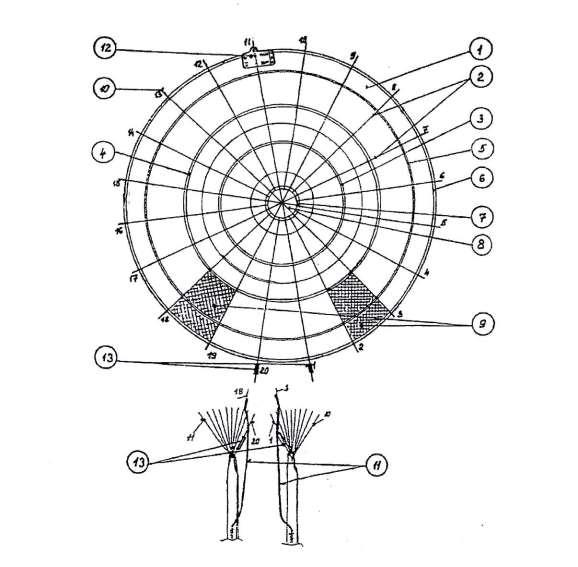 6.3 Czasza V-070-2A (rys. 4) Czasza (1) o powierzchni 36 m 2 wykonana jest z tkaniny poliamidowej i składa się z 20 klinów.