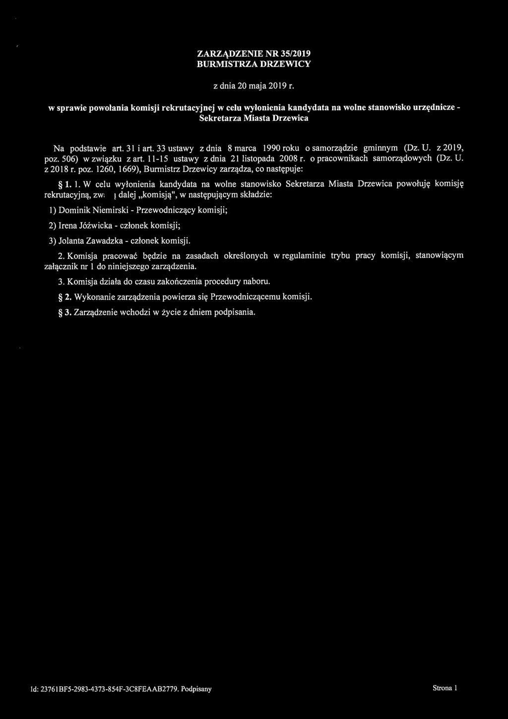 ZARZĄDZENIE NR 35/2019 BURMISTRZA DRZEWICY z dnia 20 maja 2019 r.