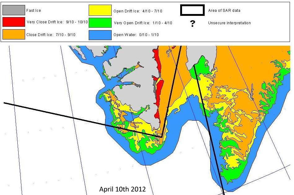 Ryc. 5. Rozmieszczenie lodu w rejonie Svalbardu 12 kwietnia 2012 i 22 maja 2012 Fig. 5. Distribution of ice in Svalbard area on 12 April 2012 and 22 May 2012.